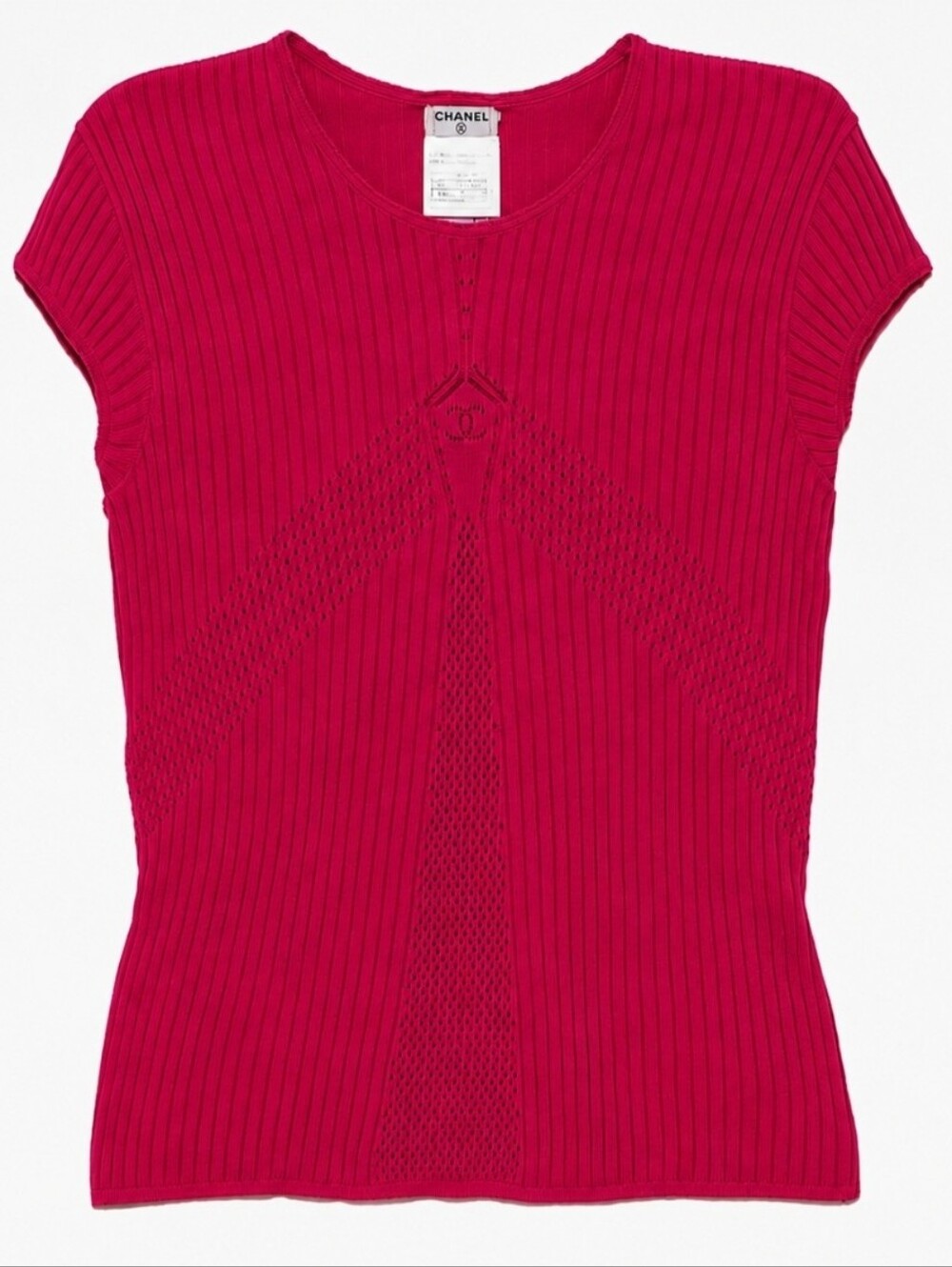 CHANEL Red Ribbed Short Sleeve Knit Top Size 42 NWT